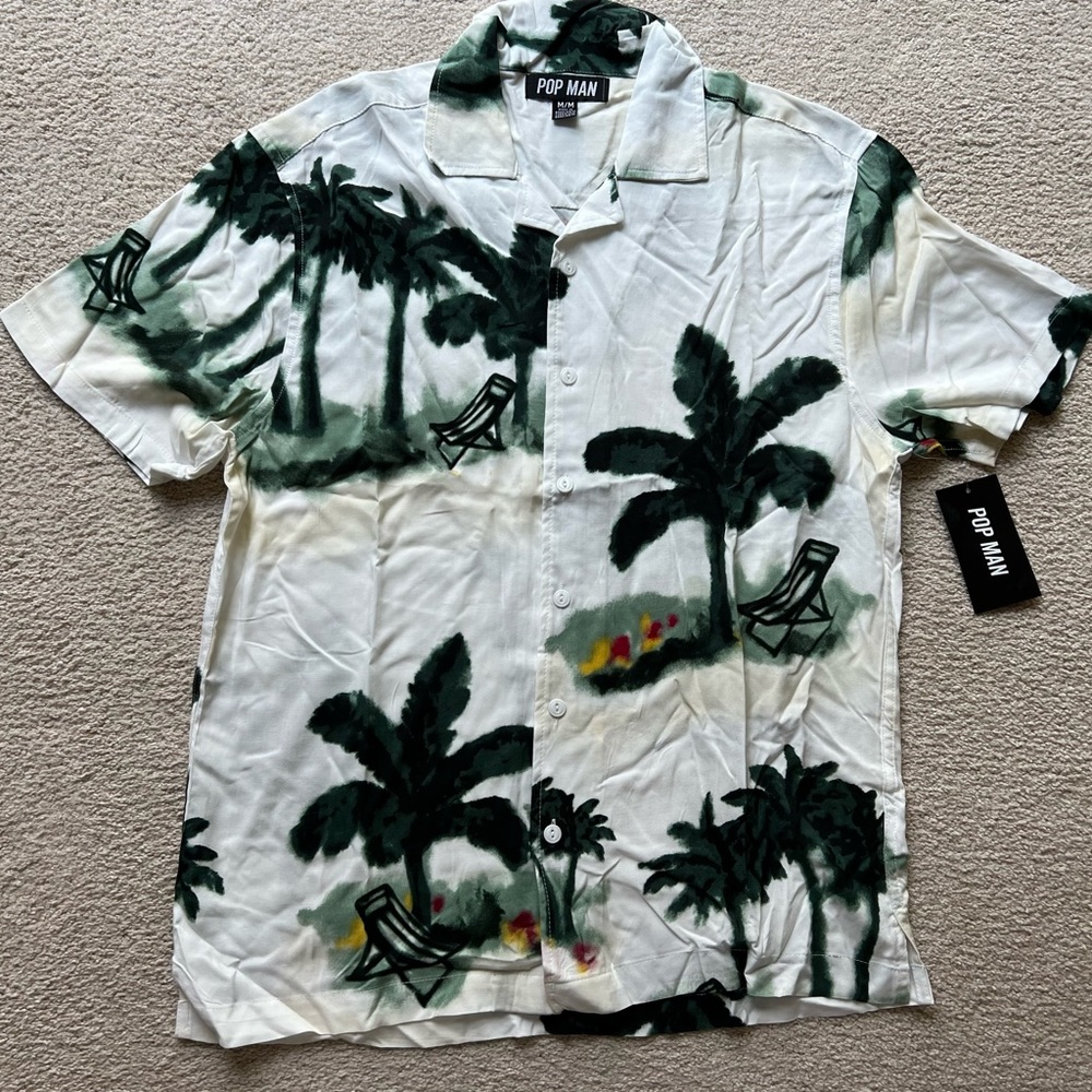 Pop Man Men's Short Sleeve Button Up Shirt Palm Tree Beach Print Green Cream M